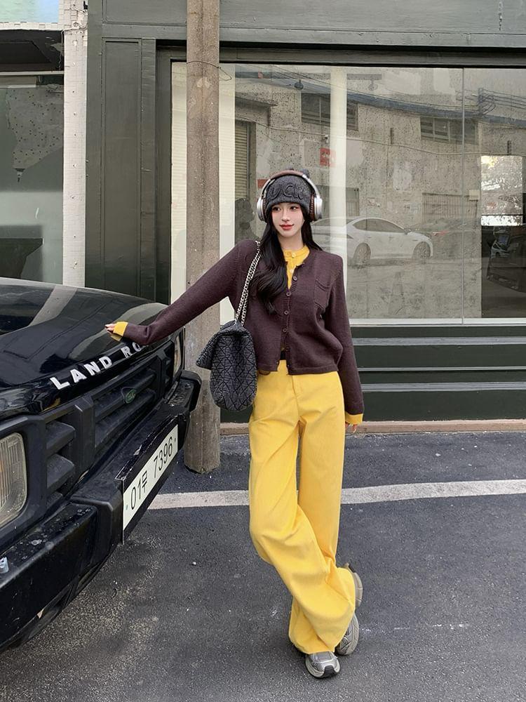 Round Neck Mock Two Piece Cardigan / High Waist Plain Corduroy Wide Leg Pants / Belt / Set Product Image
