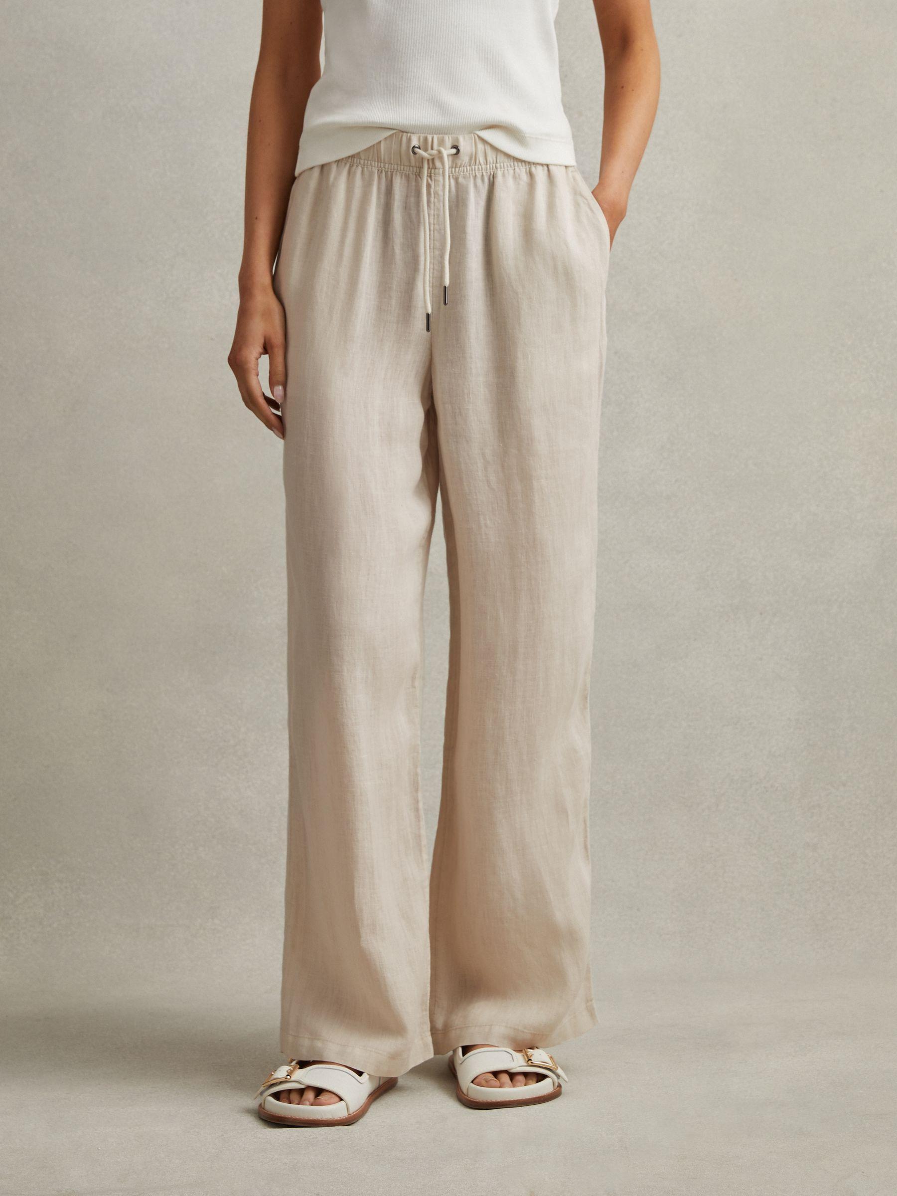 Garment Dyed Wide Leg 100% Linen Trousers in Oatmeal Product Image