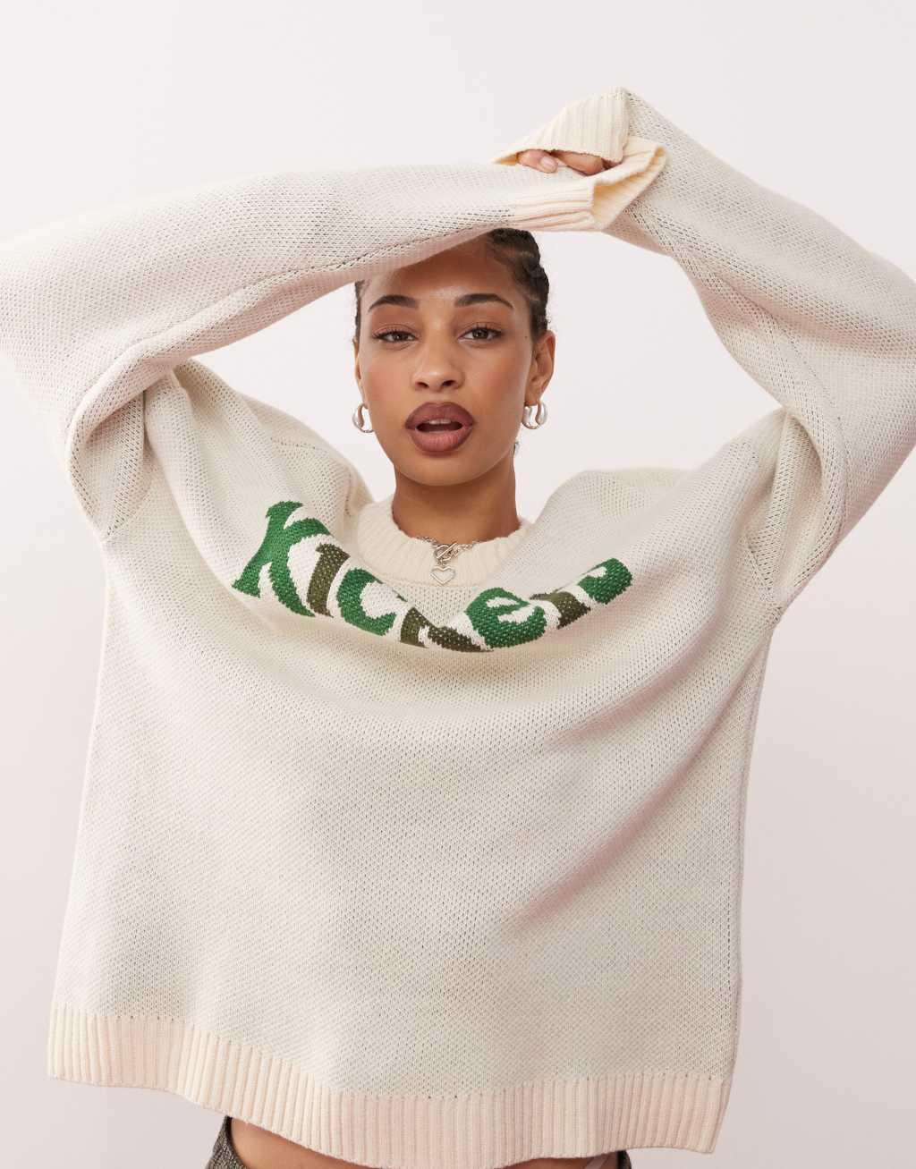 Kickers relaxed knitted sweater with green black 1970 logo in cream Product Image