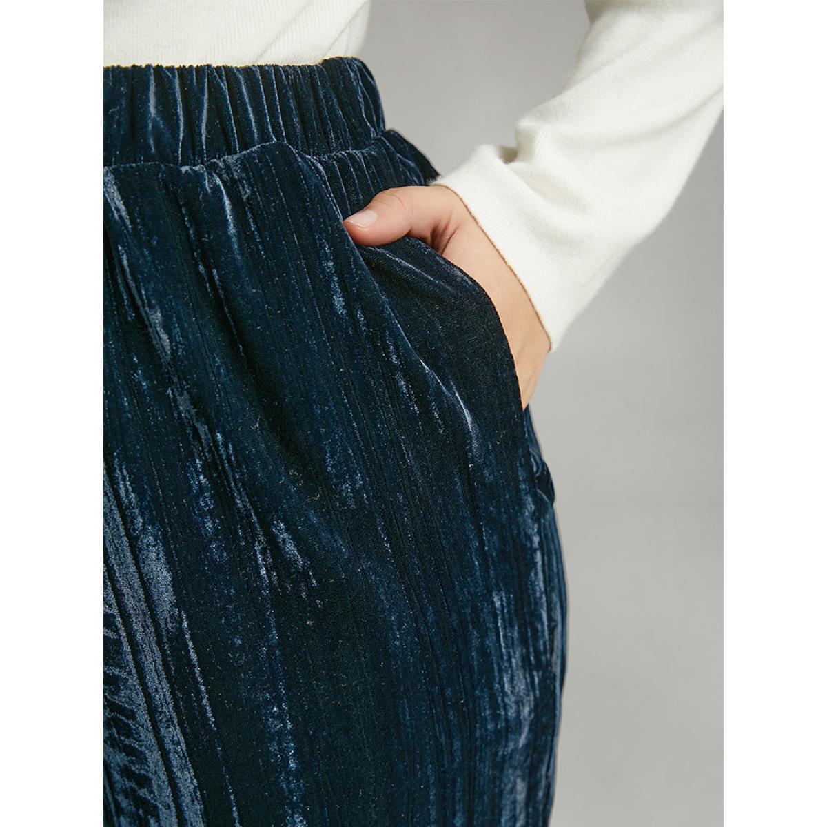 Plus Size Velvet Elastic Waist Pocket Straight Leg Pants Women Indigo Elegant Straight Leg High Rise Dailywear Pants BloomChic 12/L Product Image