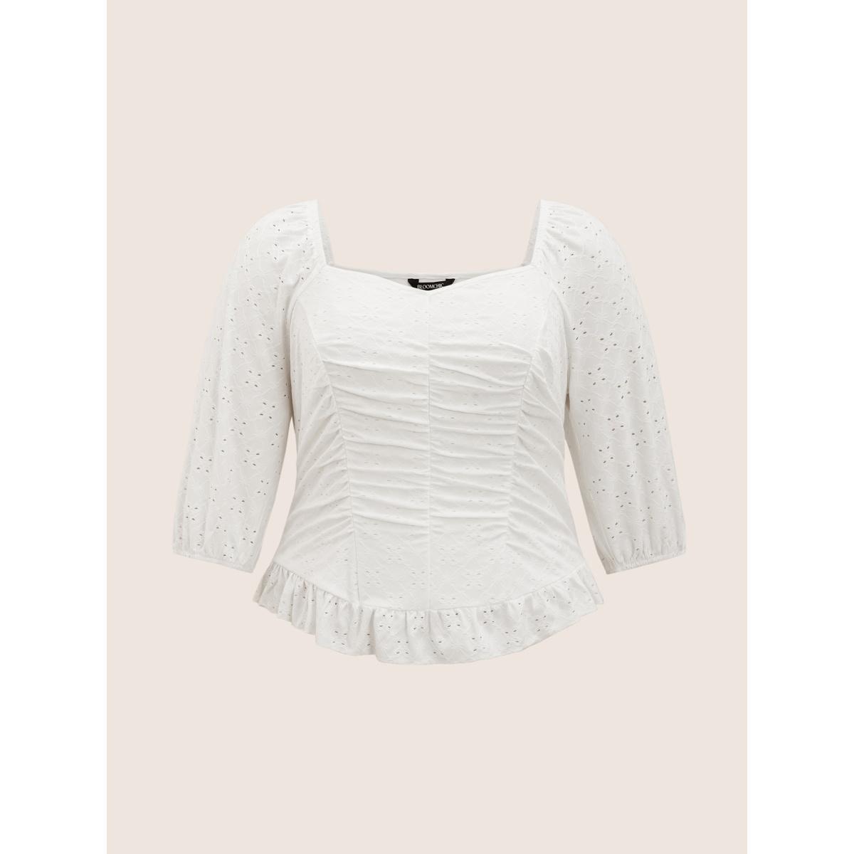 Plus Size Ivory Broderie Anglaise Ruched Lantern Sleeve Blouse Women Elegant Elbow-length sleeve Heart neckline Everyday Blouses BloomChic 22-24/3X Product Image