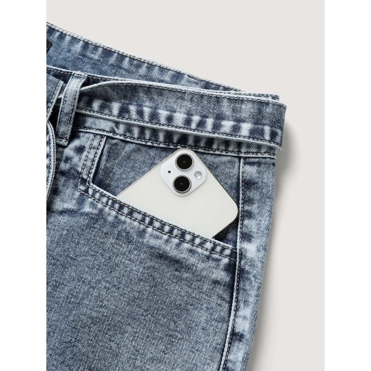 Plus Size Waist Belted Pockets Boyfriend Jeans Women Midblue Low stretch Slanted pocket Jeans BloomChic 14/1X Product Image