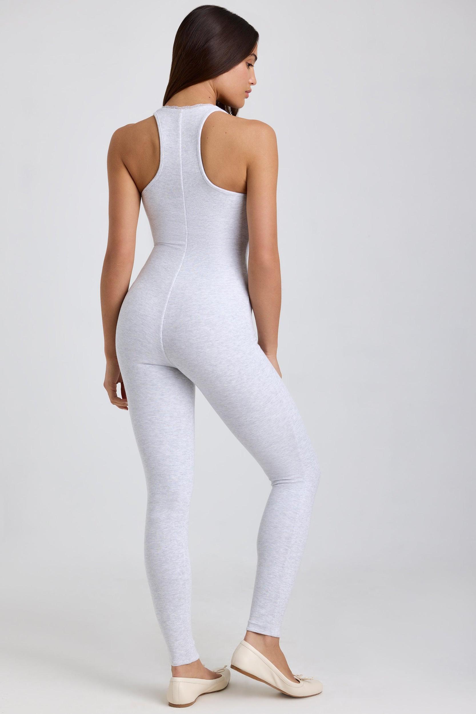 Ribbed Modal Lace-Trim Jumpsuit in Grey Product Image