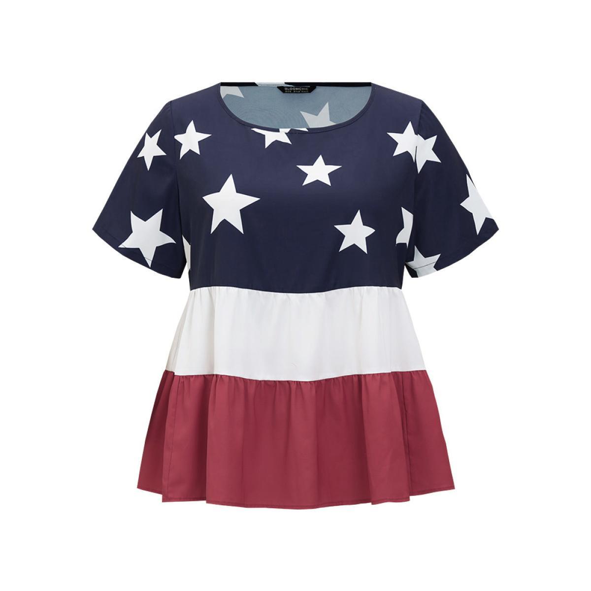 Plus Size Multicolor Star Patchwork Contrast Layered Hem Blouse Women Elegant Short sleeve Round Neck Everyday Blouses BloomChic 12/L Product Image