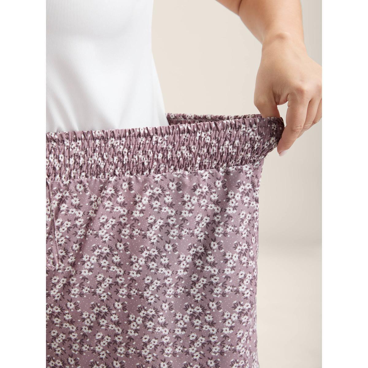 Plus Size Ditsy Floral Print Wide-Leg Shorts Women Lilac Casual Drawstring Wide Leg Everyday-Casual Shorts BloomChic 18-20/2X Product Image