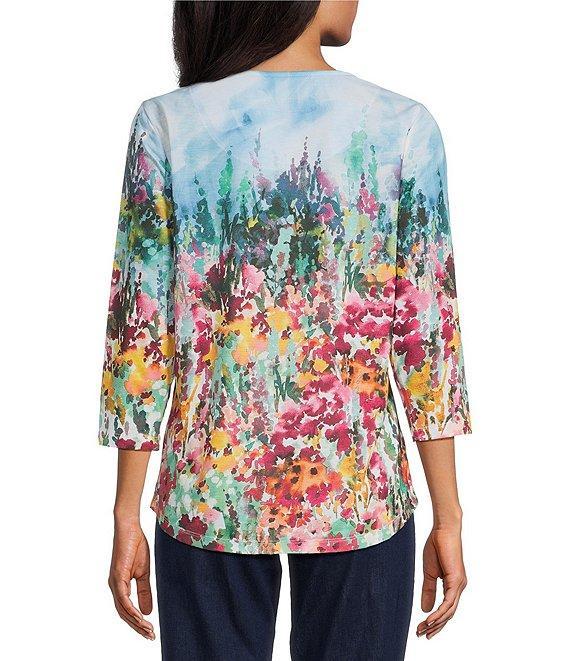 Allison Daley Petite Size Rhubarb Floral Vale Print Embellished 3/4 Sleeve Crew Neck Knit Top Product Image
