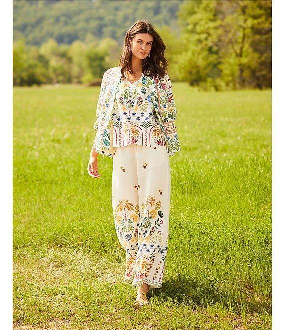 JOHNNY WAS Mixed Floral Printed Linen Long Sleeve Open-Front Cropped Kimono jacket Product Image