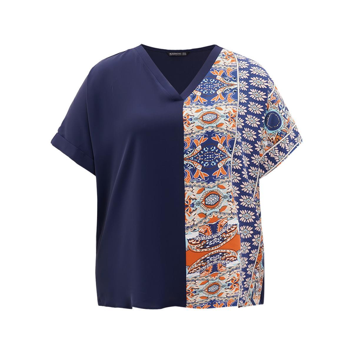 Plus Size Indigo Bandana Print Patchwork Contrast Roll Batwing Sleeve Blouse Women Vacation Short sleeve V-neck Dailywear Blouses BloomChic 14-16/1X Product Image