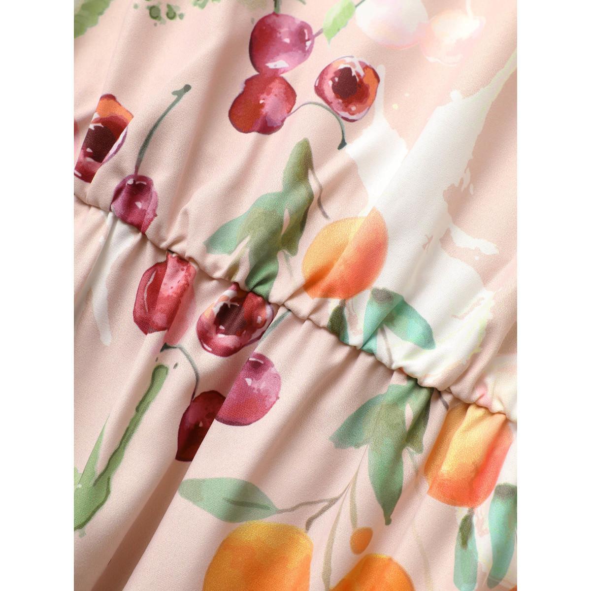 Plus Size Citrus Fruits Print Elastic Waist Belted Pocket Dress Apricot Women Elegant Non V-neck Short sleeve Curvy Midi Dress BloomChic 26/4X Product Image