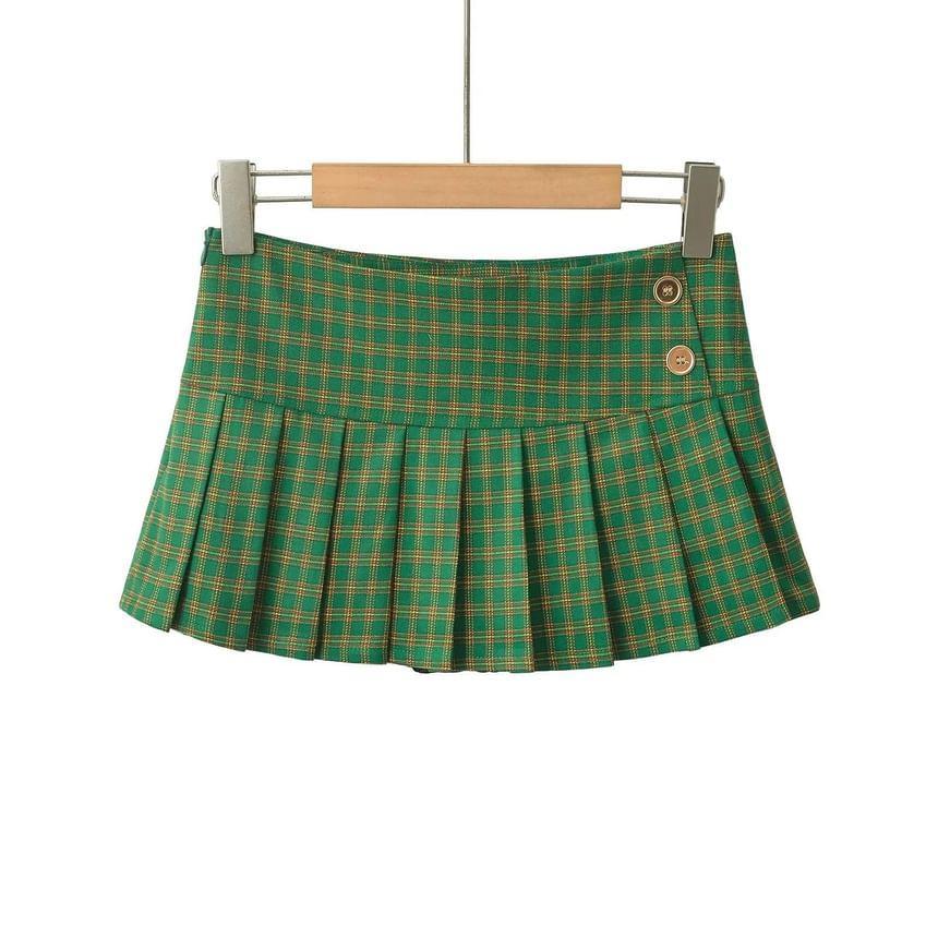 Low Waist Plaid Mini A-Line Pleated Skirt Product Image