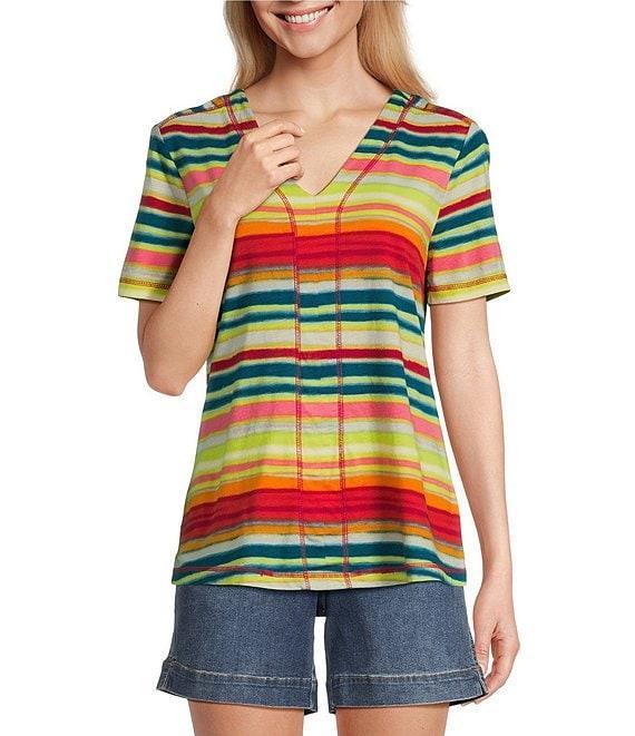 Westbound Petite Size Shimmering Stripe Short Sleeve V-Neck Top Product Image