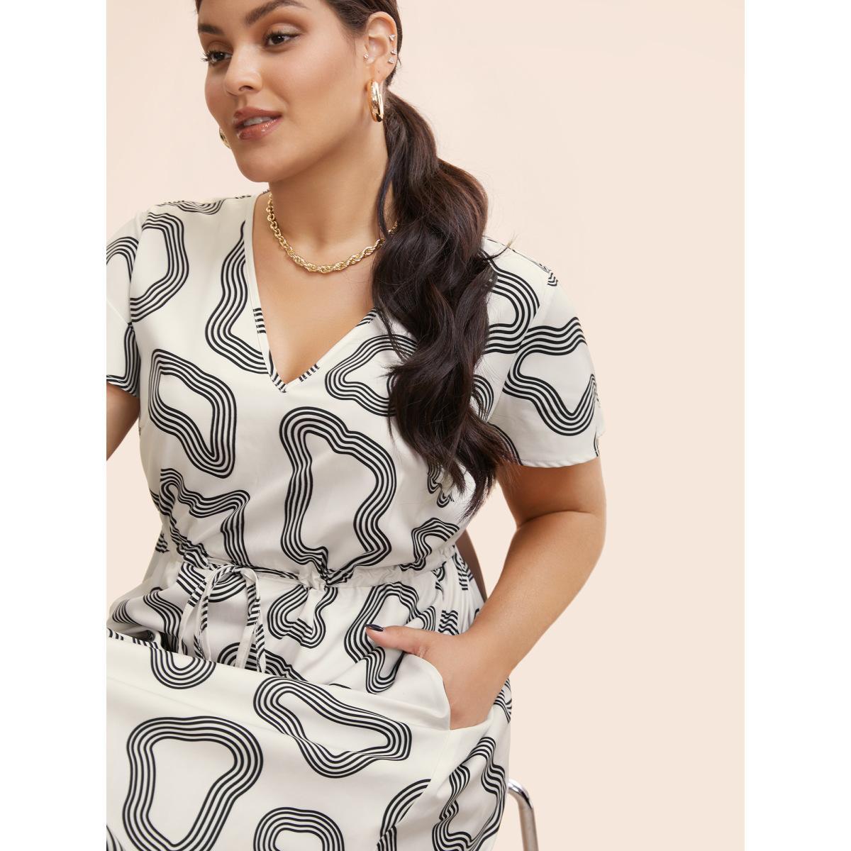 Plus Size V Neck Geometric Drawstring Midi Dress Beige Women Workwear Essentials Drawstring V-neck Short sleeve Curvy BloomChic 14-16/1X Product Image