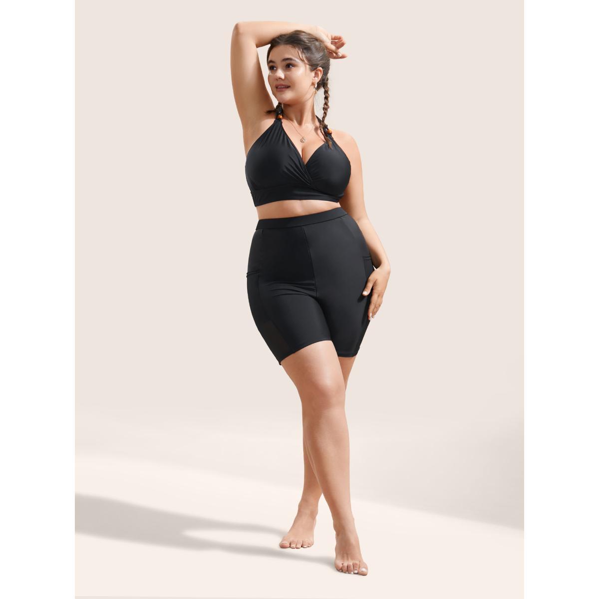 Plus Size Plain Mesh Patchwork Patched Pocket Swim Bottom Women's Swimwear Black Beach See through High stretch Skinny High Rise Slanted pocket Curve Swim Bottoms BloomChic 12/L Product Image
