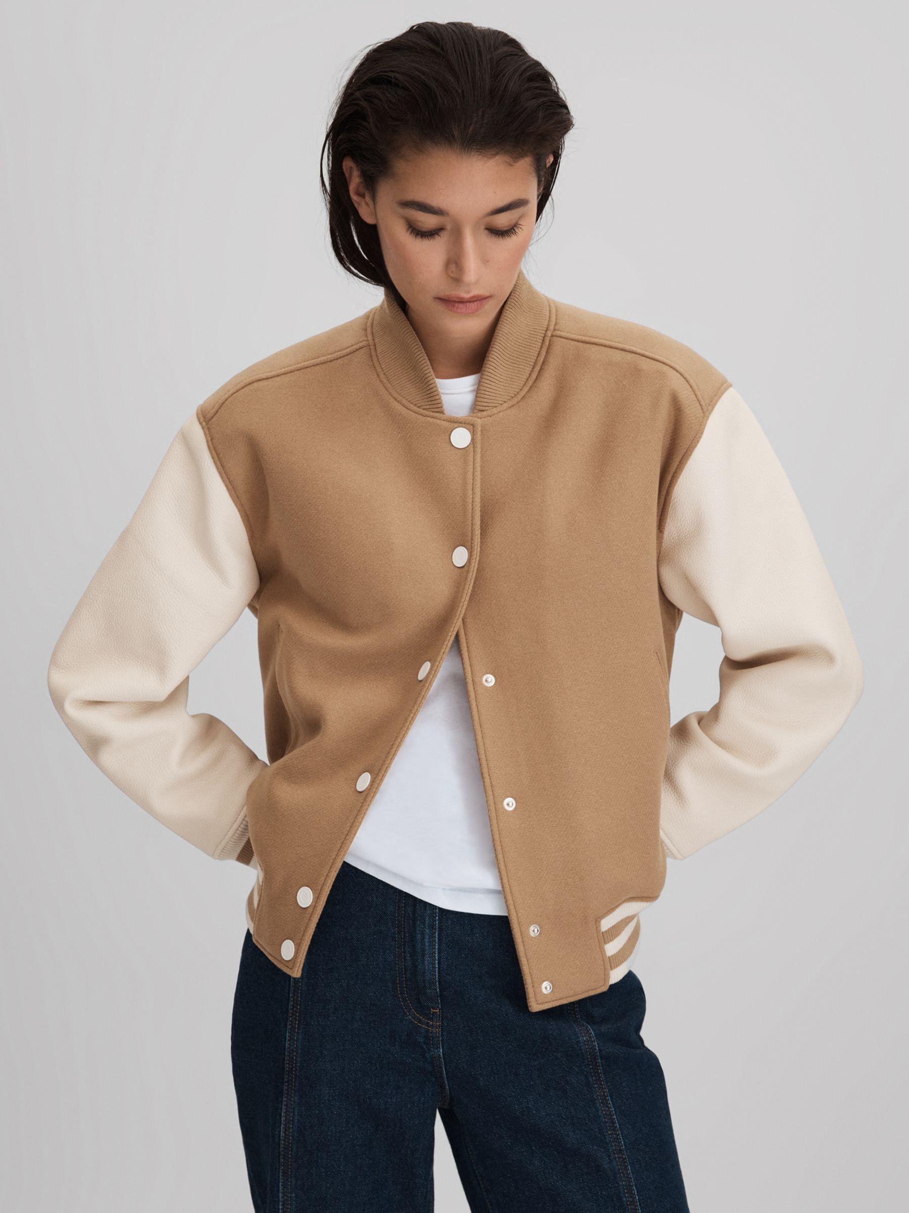 Premium Wool Blend Bomber Jacket in Camel/Cream Product Image