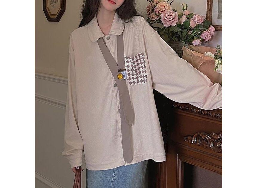Long-Sleeve Checkerboard Panel Corduroy Shirt Product Image