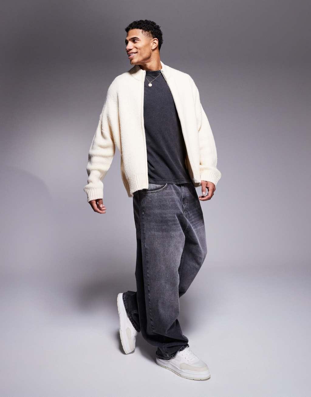 ASOS DESIGN super oversized boxy fit brushed knit zip through cardigan in oatmeal Product Image