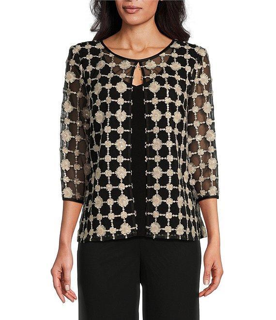 Alex Evenings Embroidered Stretch Tulle Crew Neck 3/4 Sleeve One Piece Product Image