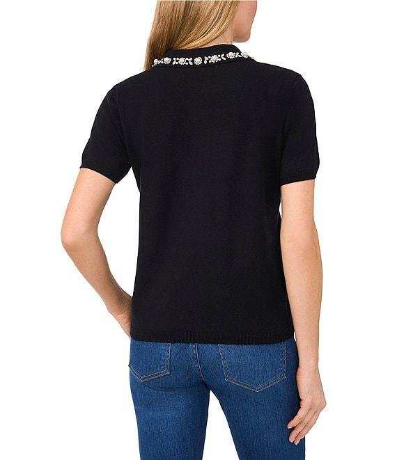 CeCe Polo Collar Short Sleeve Embellished Sweater Product Image
