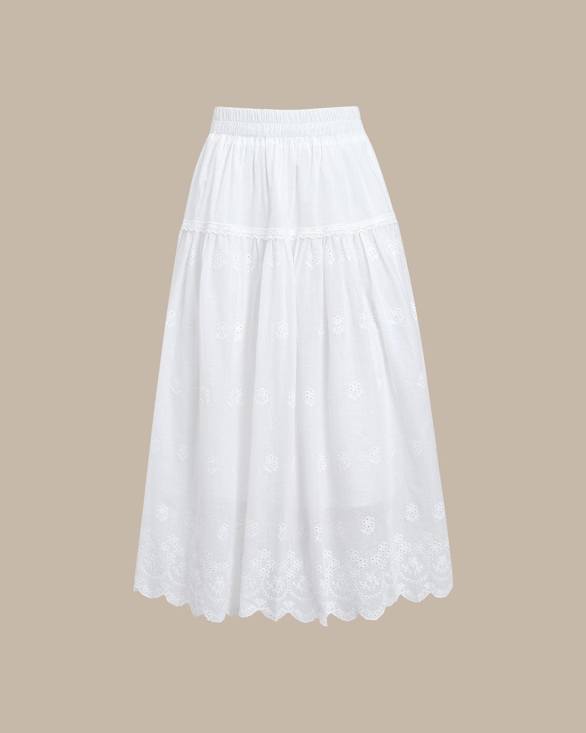 White Embroidery A-Line Midi Skirt Product Image