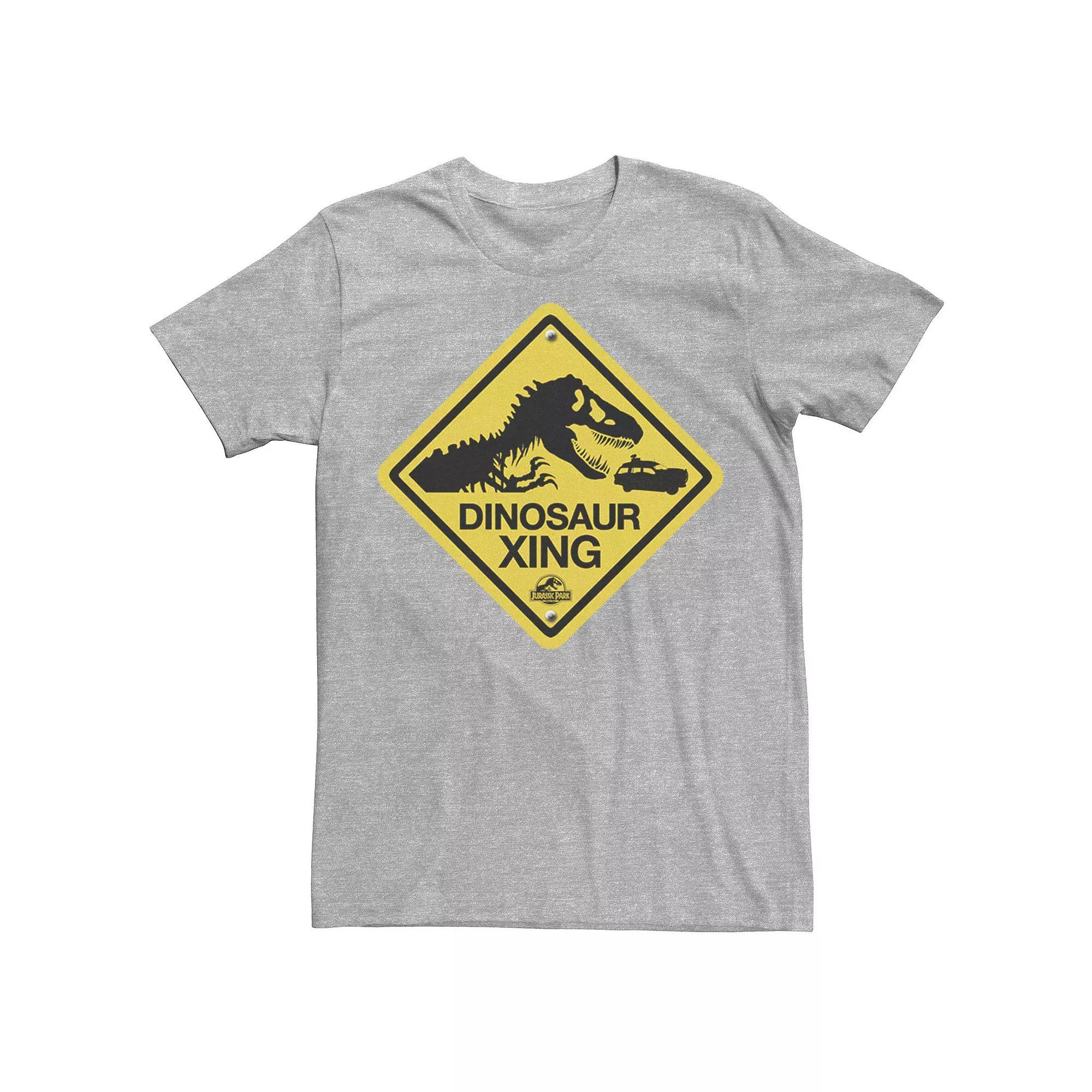Men's Jurassic Park Dinosaur Crossing Yellow Sign Tee, Size: Small, Athletic Grey Product Image
