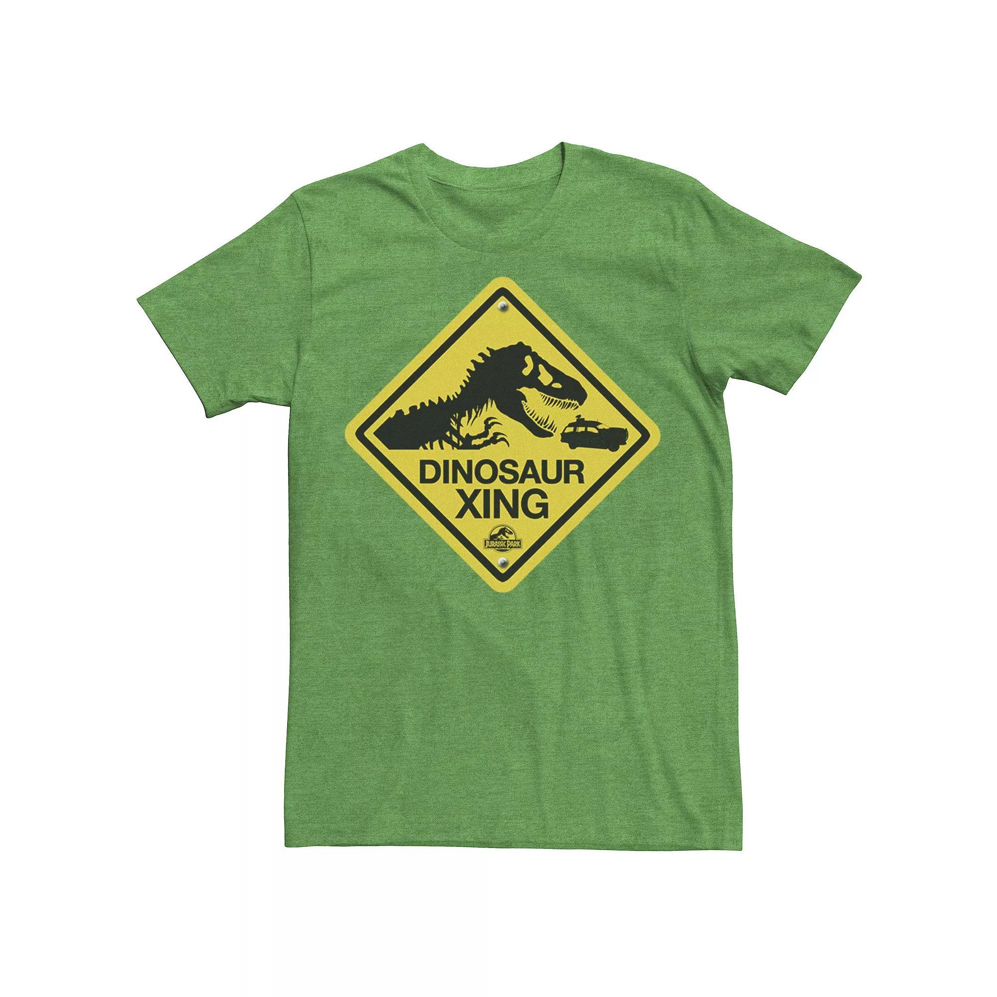 Men's Jurassic Park Dinosaur Crossing Yellow Sign Tee, Size: Small, Athletic Grey Product Image