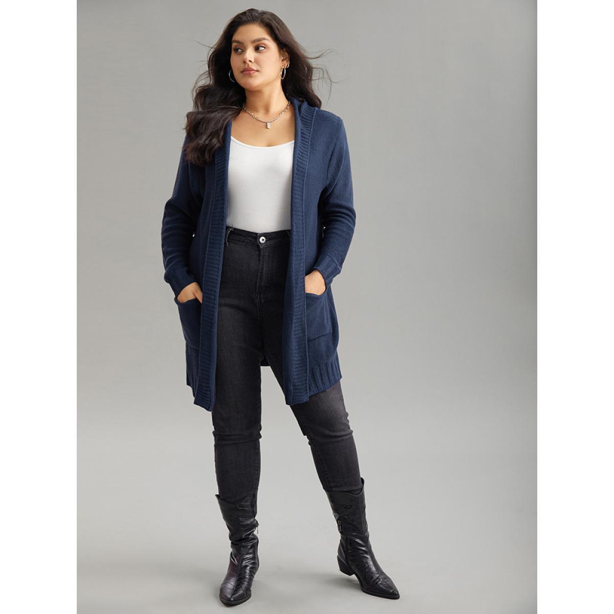 Plus Size Plain Texture Pocket Hooded Cardigan Aegean Women Casual Loose Long Sleeve Dailywear Cardigans BloomChic 12/L Product Image