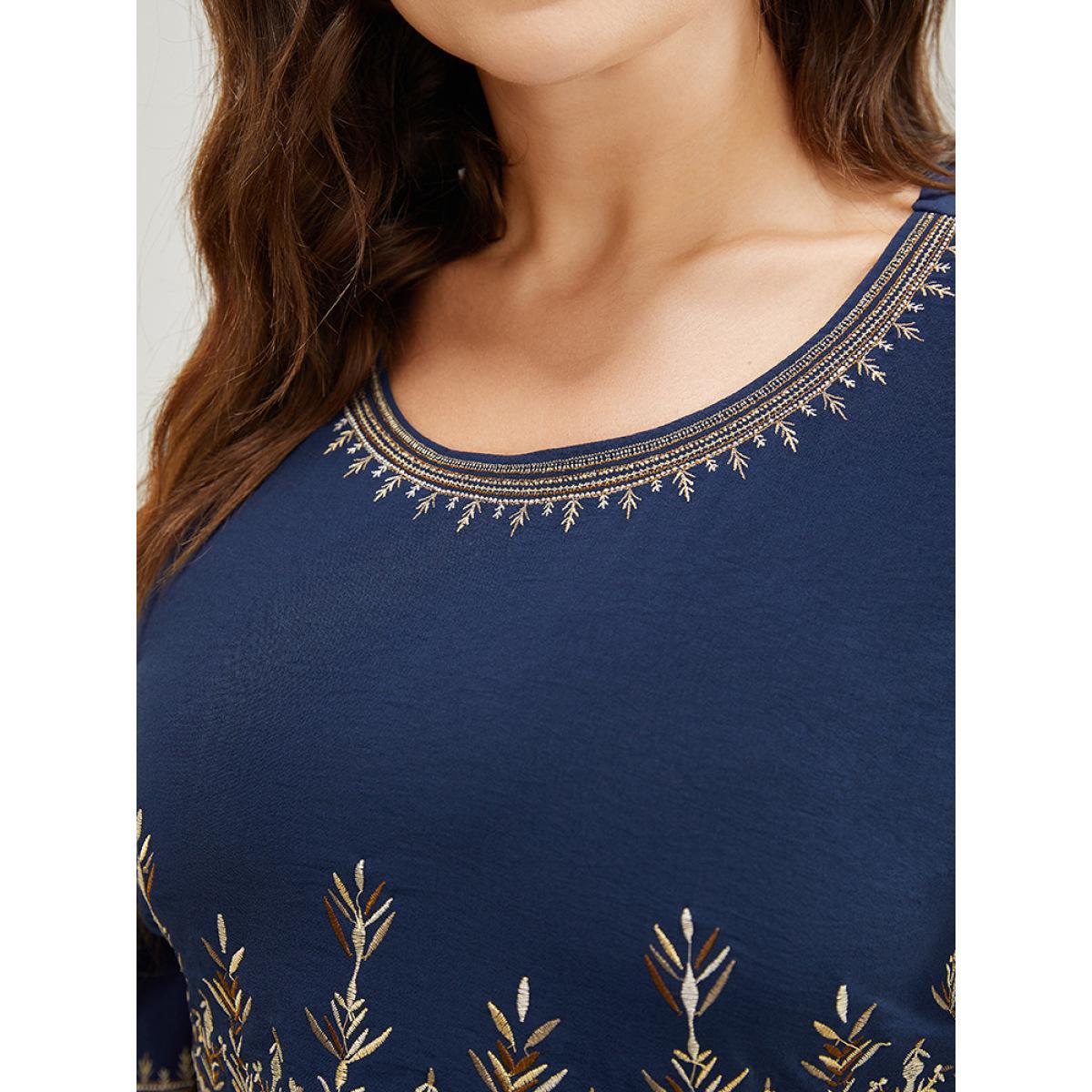 Plus Size Plant Embroidered Pocket Ruffle Sleeve Knee Dress Navy Women Vacation Embroidered Round Neck Short sleeve Curvy Knee Dress BloomChic 18-20/2X Product Image