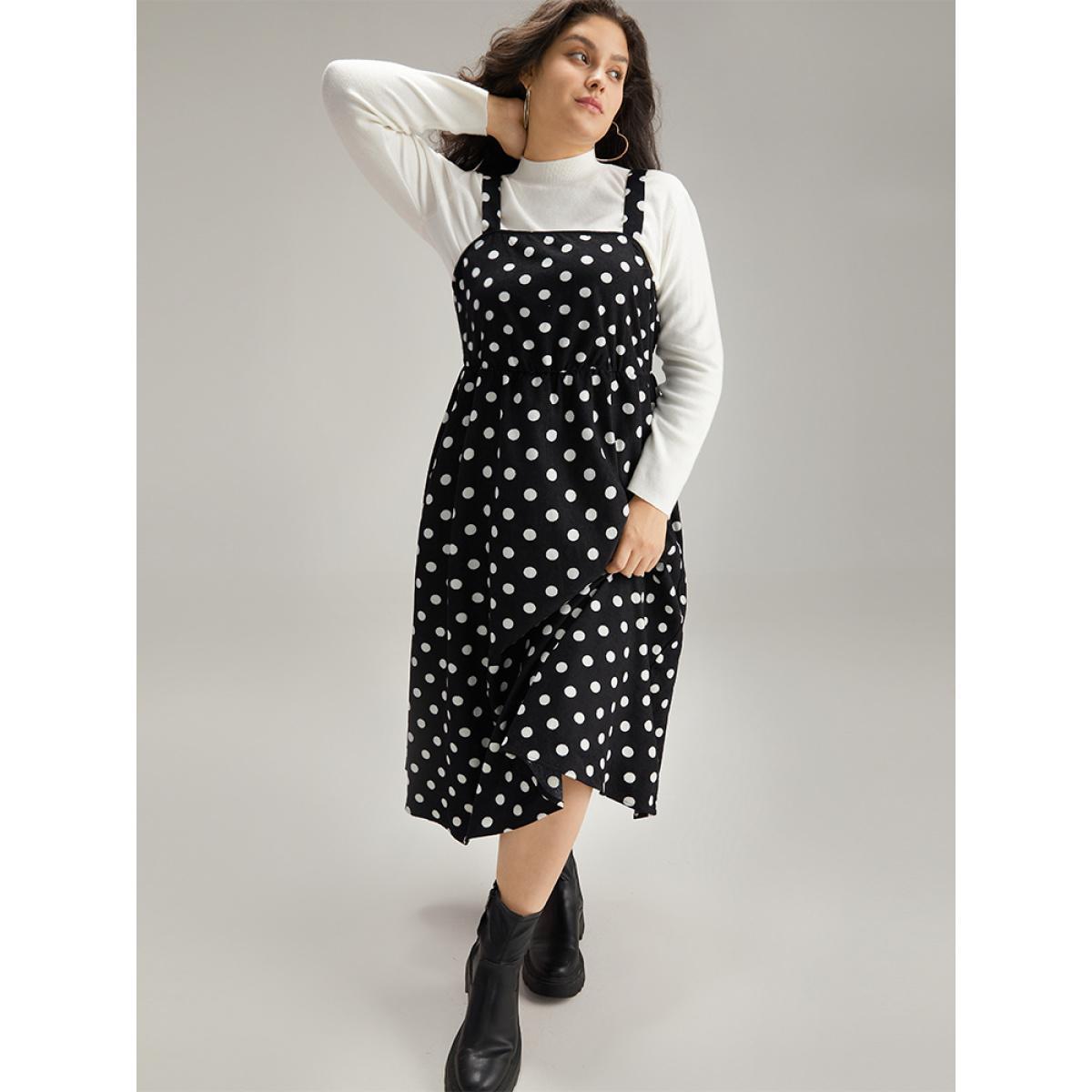 Plus Size Polka Dot Pocket Cami Dress Black Women Elegant Adjustable Straps Spaghetti Strap Sleeveless Curvy Midi Dress BloomChic 26/4X Product Image