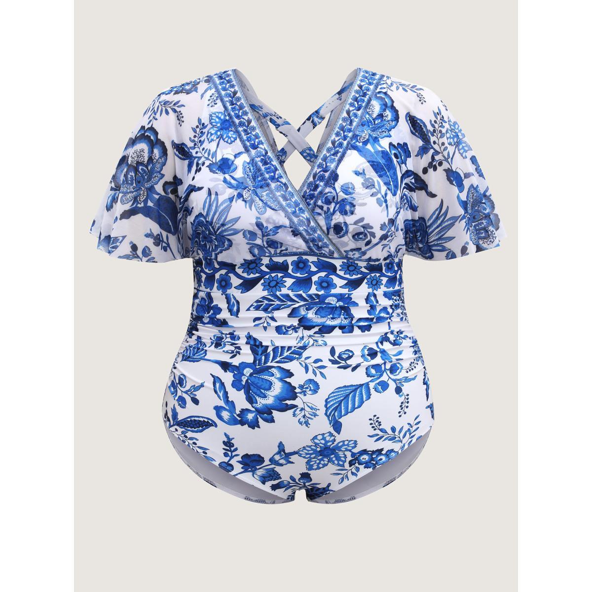 Plus Size Ruched Sheer Floral One-Piece Swimsuit Women's Swimwear Indigo Beach Gathered Curve Bathing Suits High stretch One Pieces BloomChic 14-16/1X Product Image