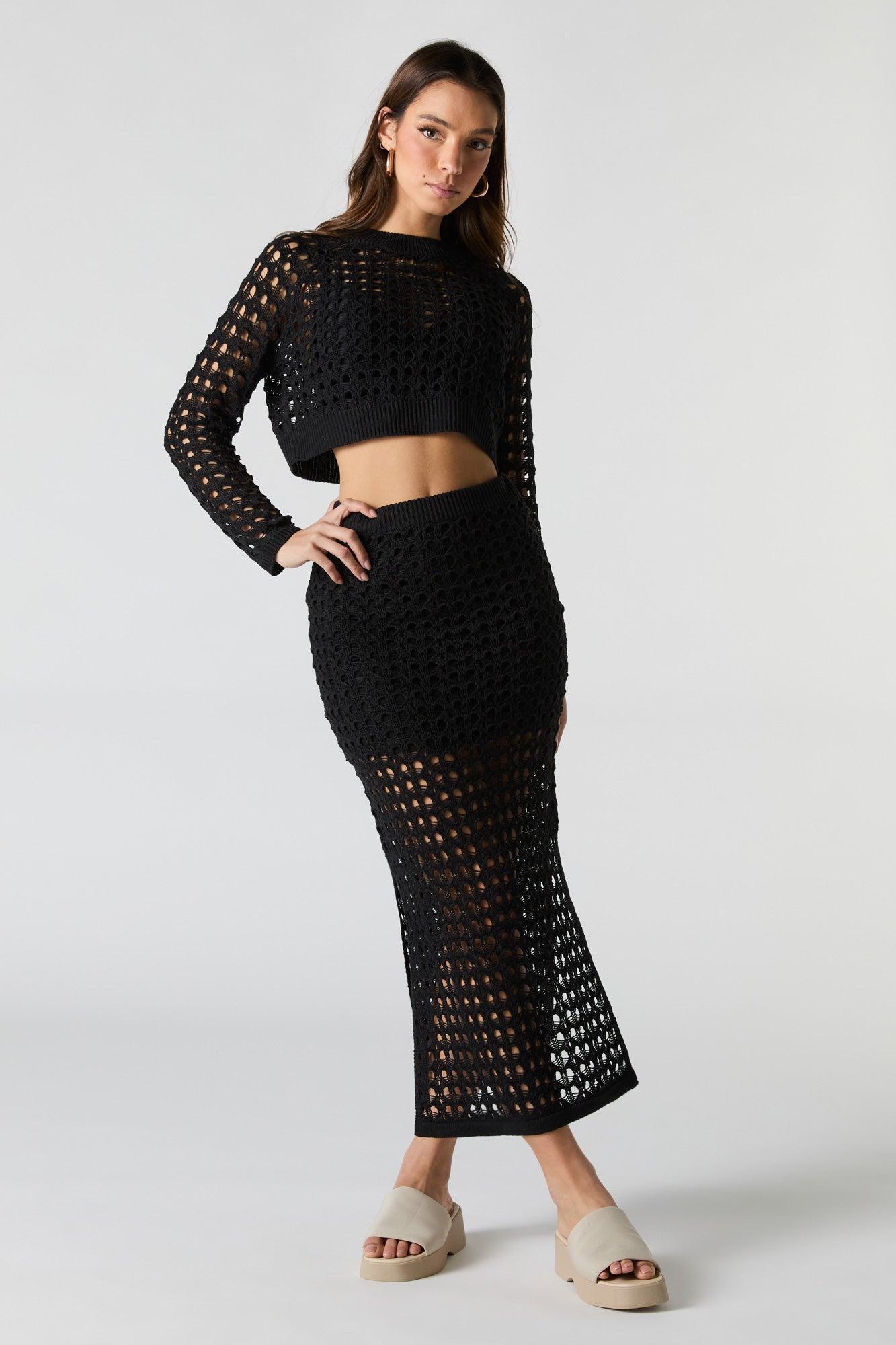 Open Knit Long Sleeve Crop Top Female Product Image