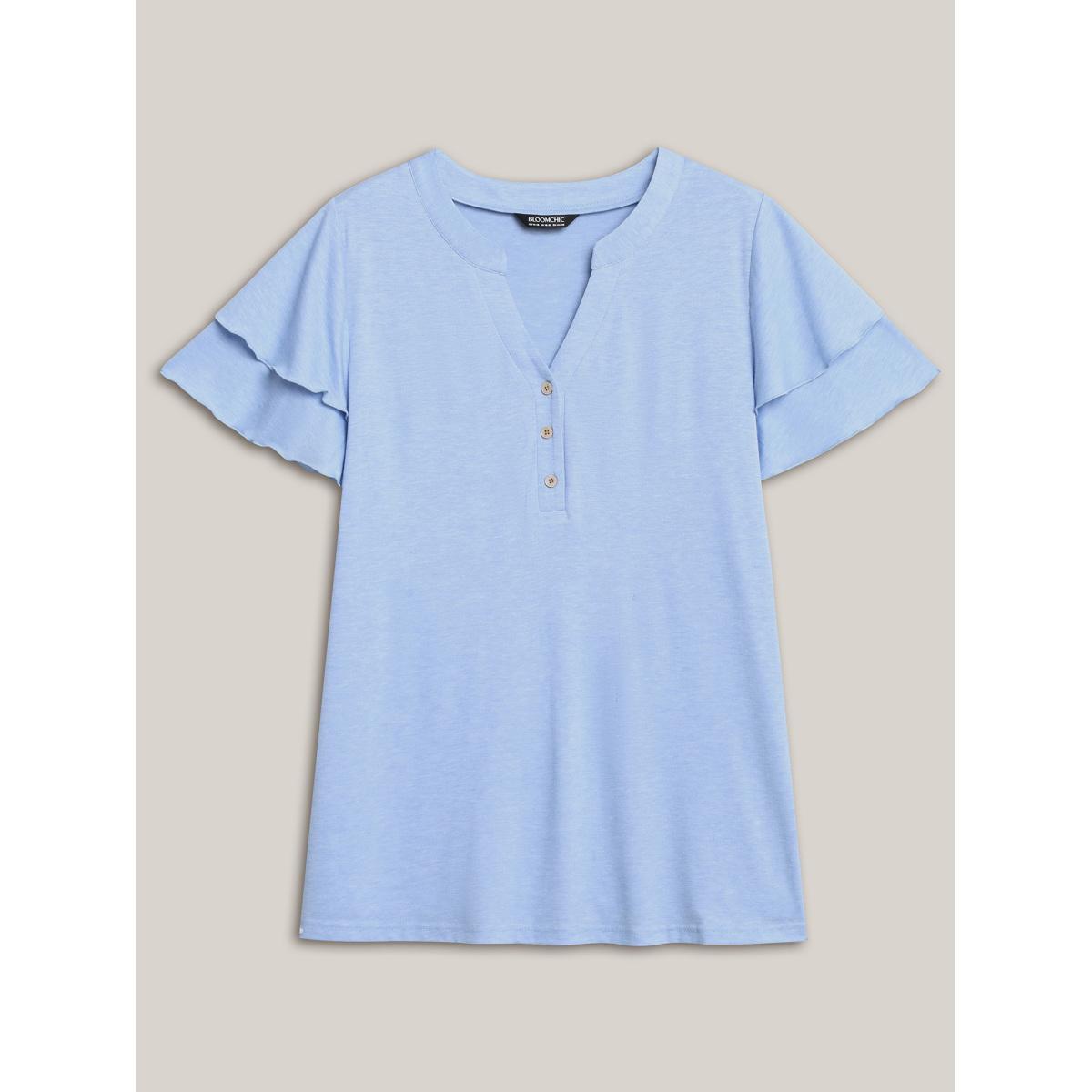 Plus Size Layered Lotus Leaf Sleeve Plain T-Shirt LightBlue Women Button Notched collar Everyday-Casual T-shirts BloomChic 30/6X Product Image