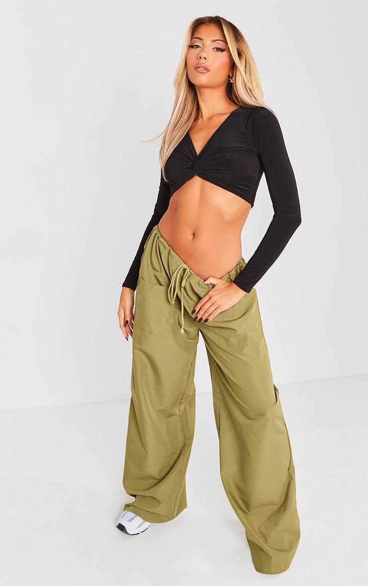 Black Slinky Long Sleeve Twist Front Crop Top Product Image