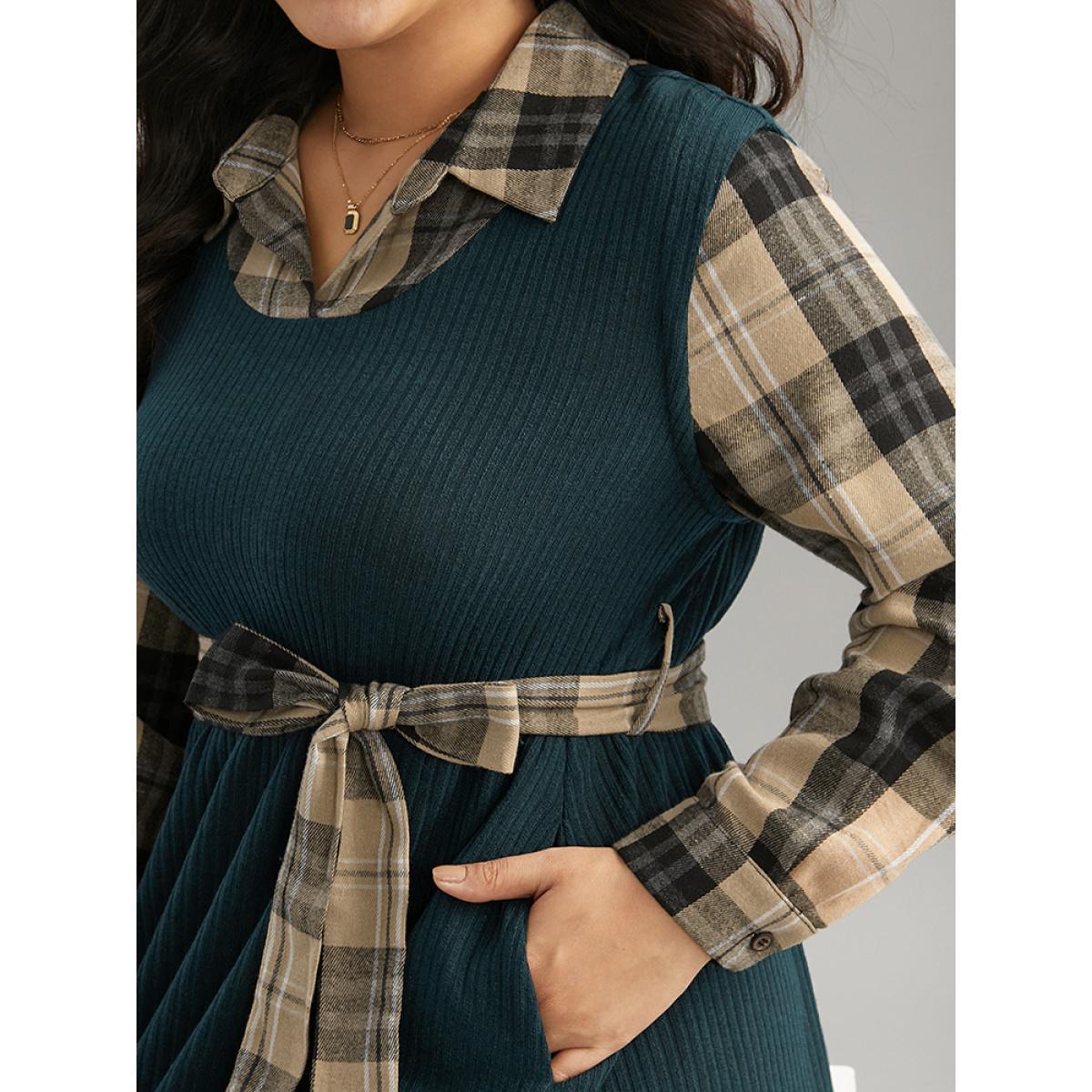 Plus Size Plaid Patchwork Rib Knit Shirt Collar Belted Dress DarkGreen Women Office Printed Shirt collar Long Sleeve Curvy Midi Dress BloomChic 22-24/3X Product Image