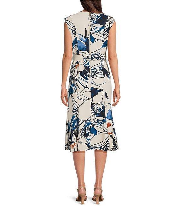 Calvin Klein Abstract Print Crew Neck Short Sleeve Belted A-Line Midi Dress Product Image