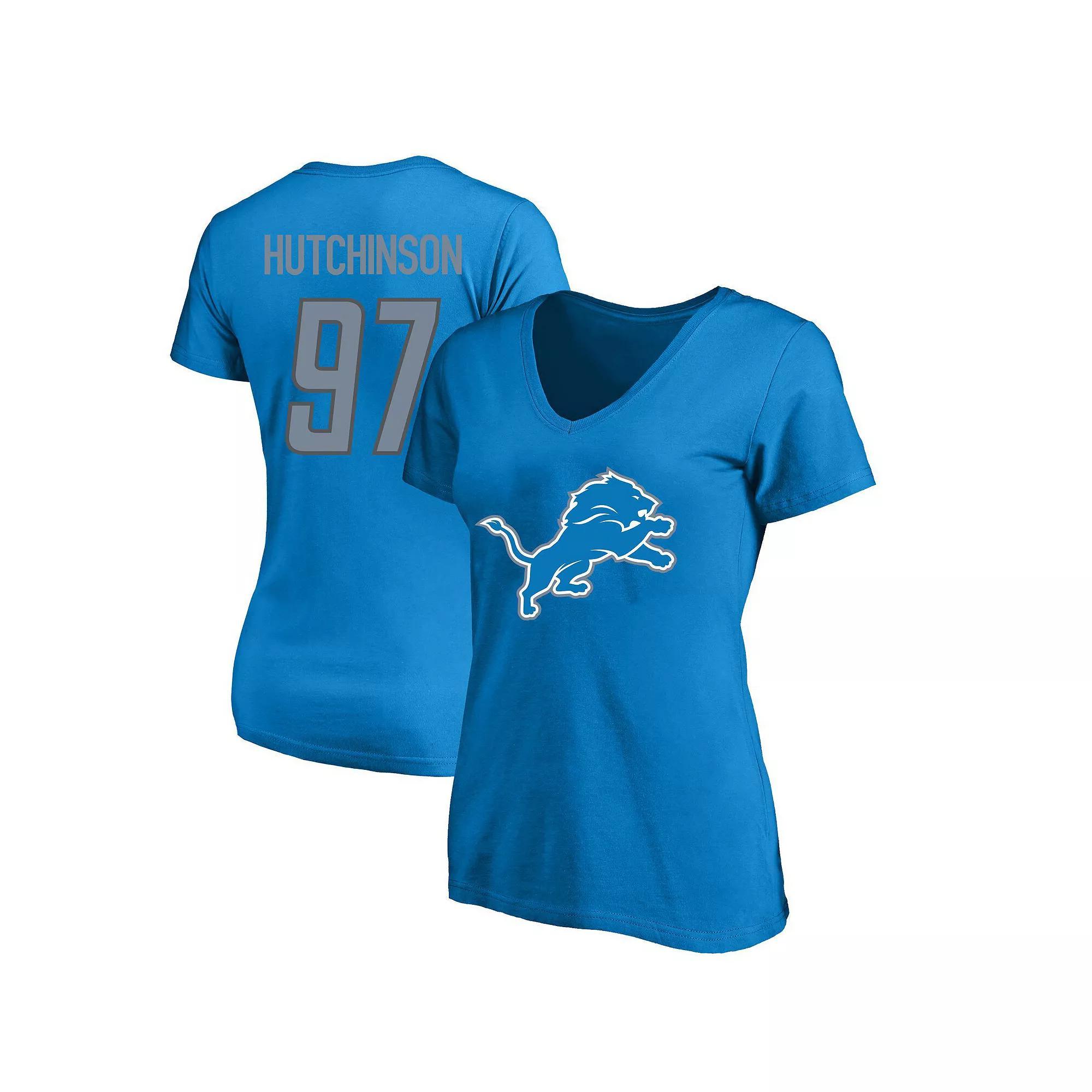 Women's Fanatics Branded Aidan Hutchinson Blue Detroit Lions Plus Size Player Name & Number V-Neck T-Shirt, Size: 1XL Product Image