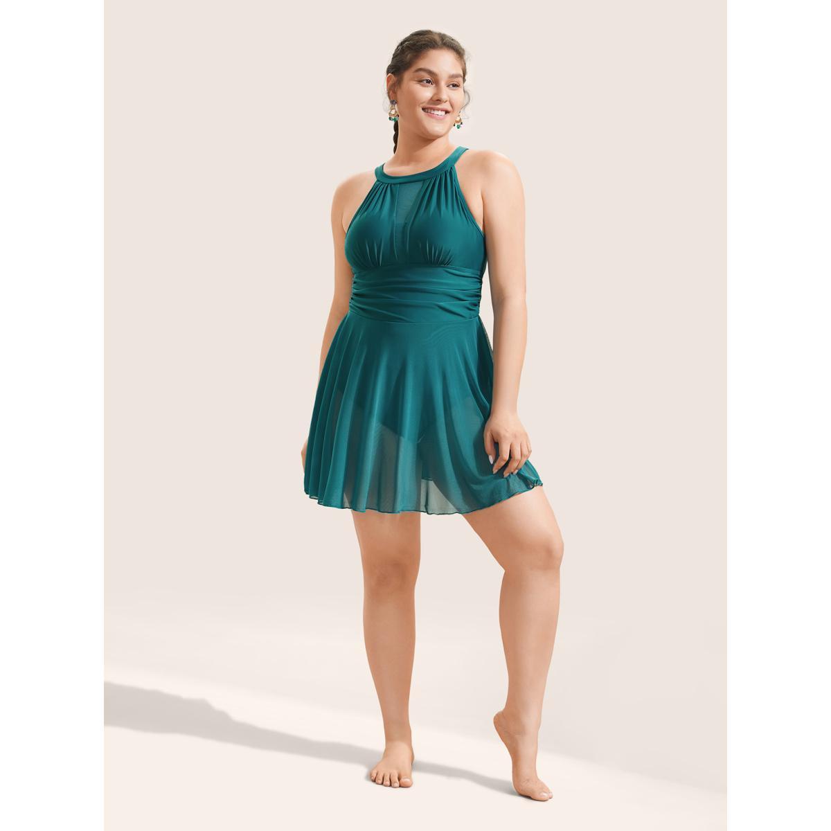 Plus Size Knotted Back Mesh Insert Halter Swim Dress Women's Swimwear Aegean Beach Bodycon Round Neck High stretch Curve Swim Dresses BloomChic 30/6X Product Image