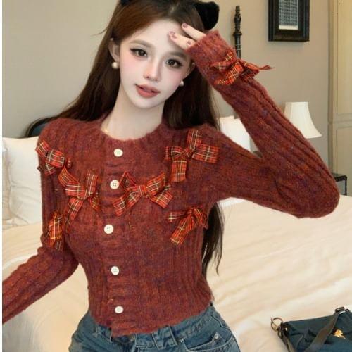 Crew Neck Bow Melange Cardigan Product Image