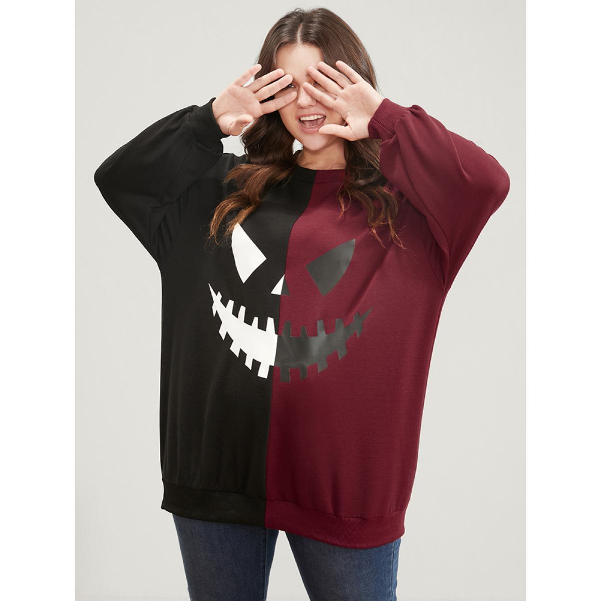 Plus Size Halloween Contrast Drop Shoulder Sweatshirt Women Scarlet Party Contrast Round Neck Festival-Halloween Sweatshirts BloomChic 10/M Product Image