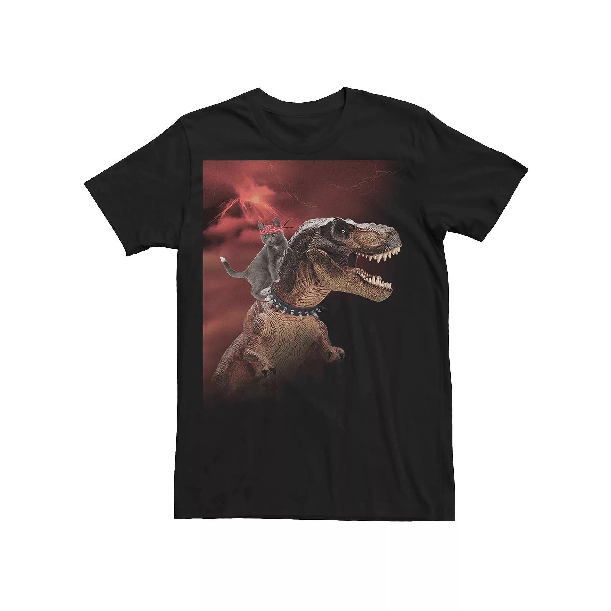 Men's Cat Riding T-Rex Volcano Graphic Tee, Size: XL, Black Product Image