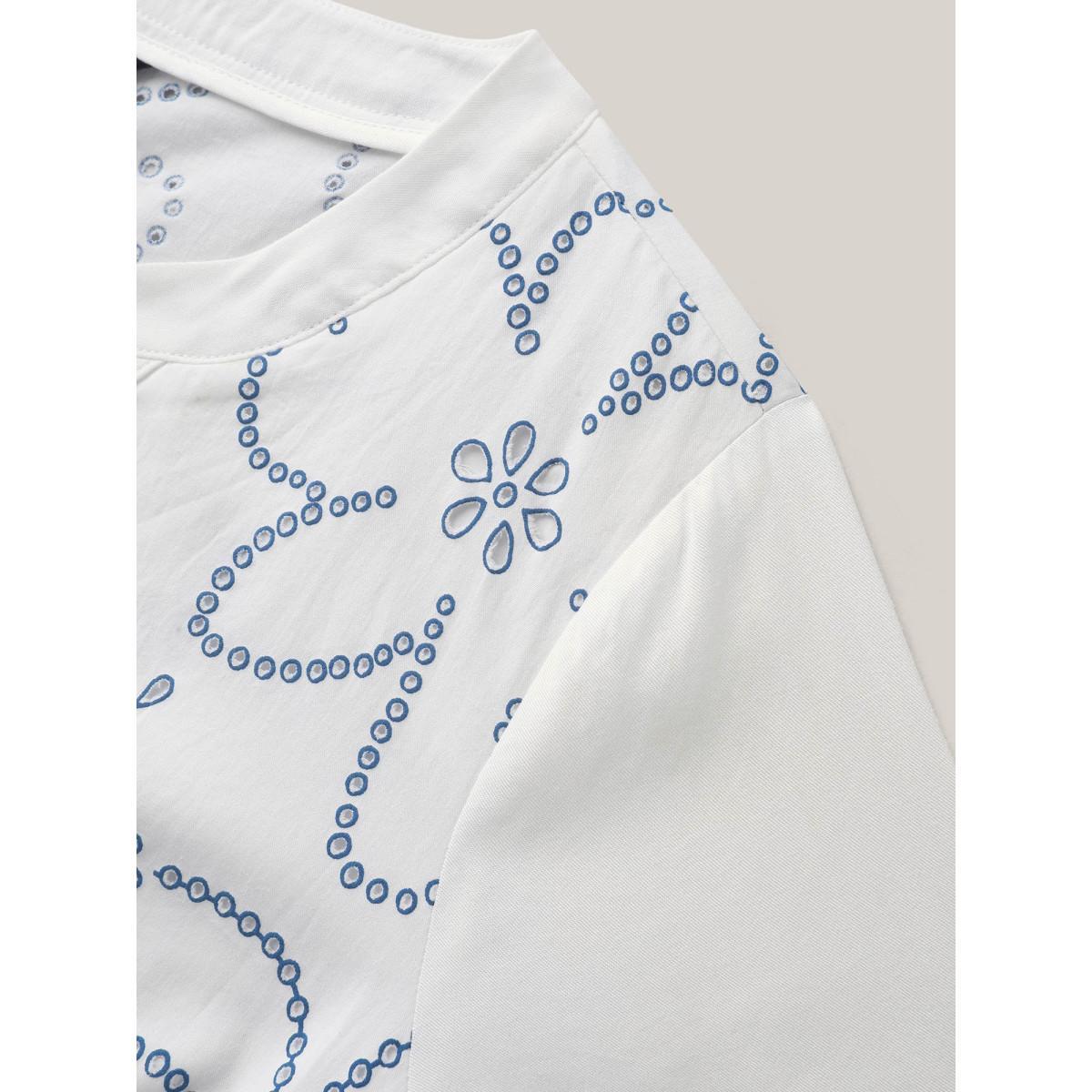 Plus Size WhiteSmoke Large Floral Print Split Neck Blouse Women Short sleeve Flat collar with V-notch Vacation Blouses BloomChic 18-20/2X Product Image