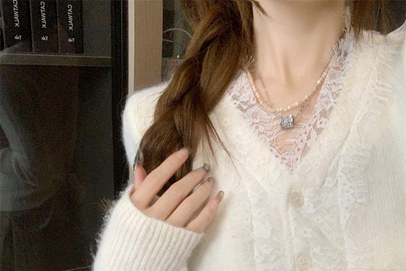 V-Neck Plain Lace Panel Button-Up Cardigan Product Image