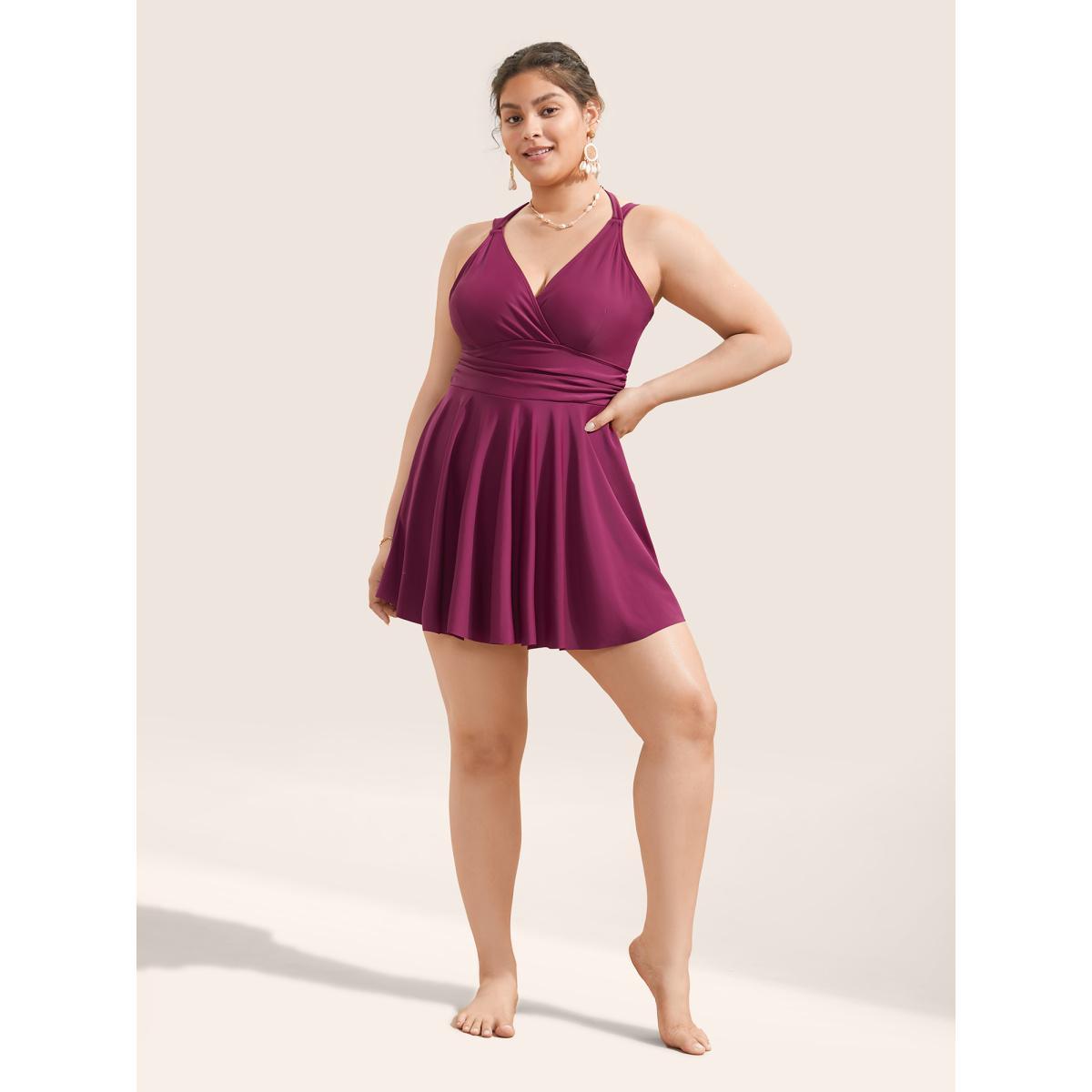 Plus Size Solid Ruffle Hem Empire Waist Halter Neck Swim Dress Women's Swimwear RedViolet Beach Bodycon Halter neck High stretch Curve Swim Dresses BloomChic 18-20/2X Product Image