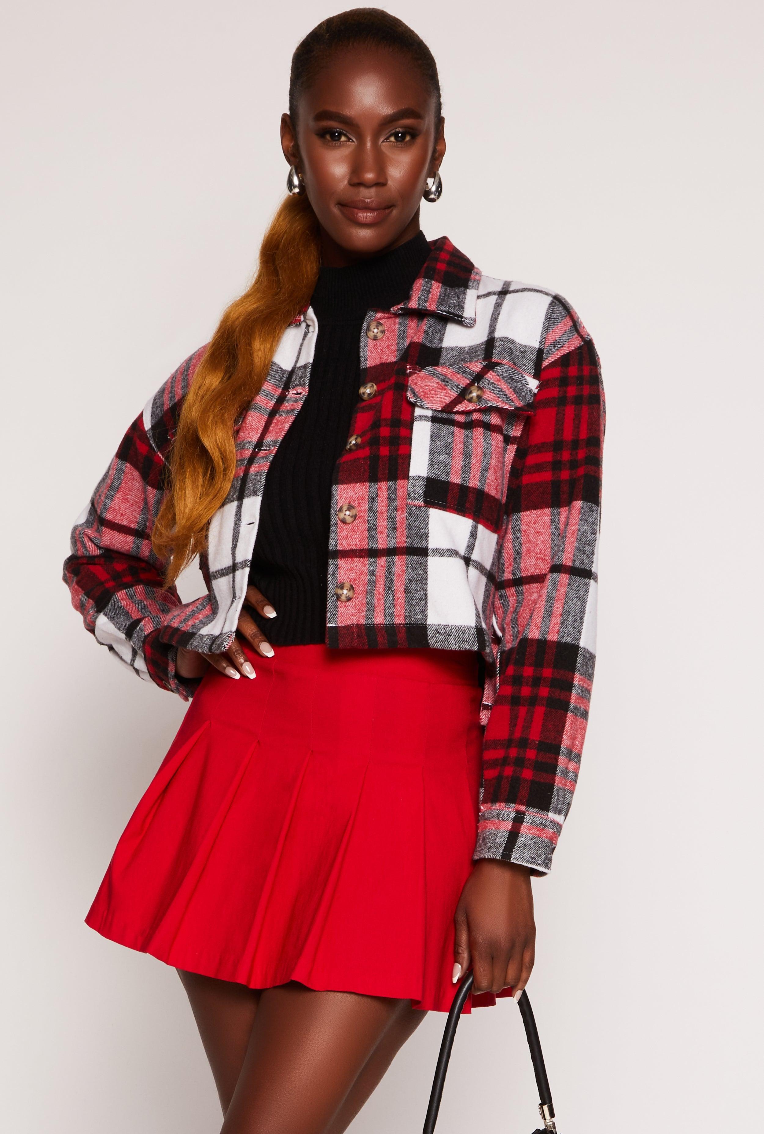 Womens Brush Knit Plaid Cropped Shacket Product Image
