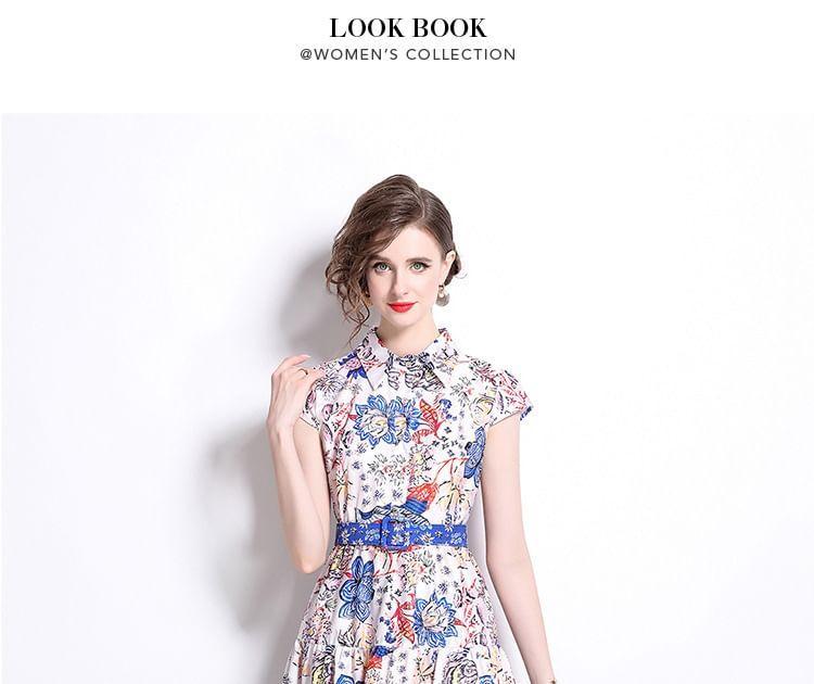 Cap Sleeve Collared Floral Print Belted Midi A-Line Dress Product Image