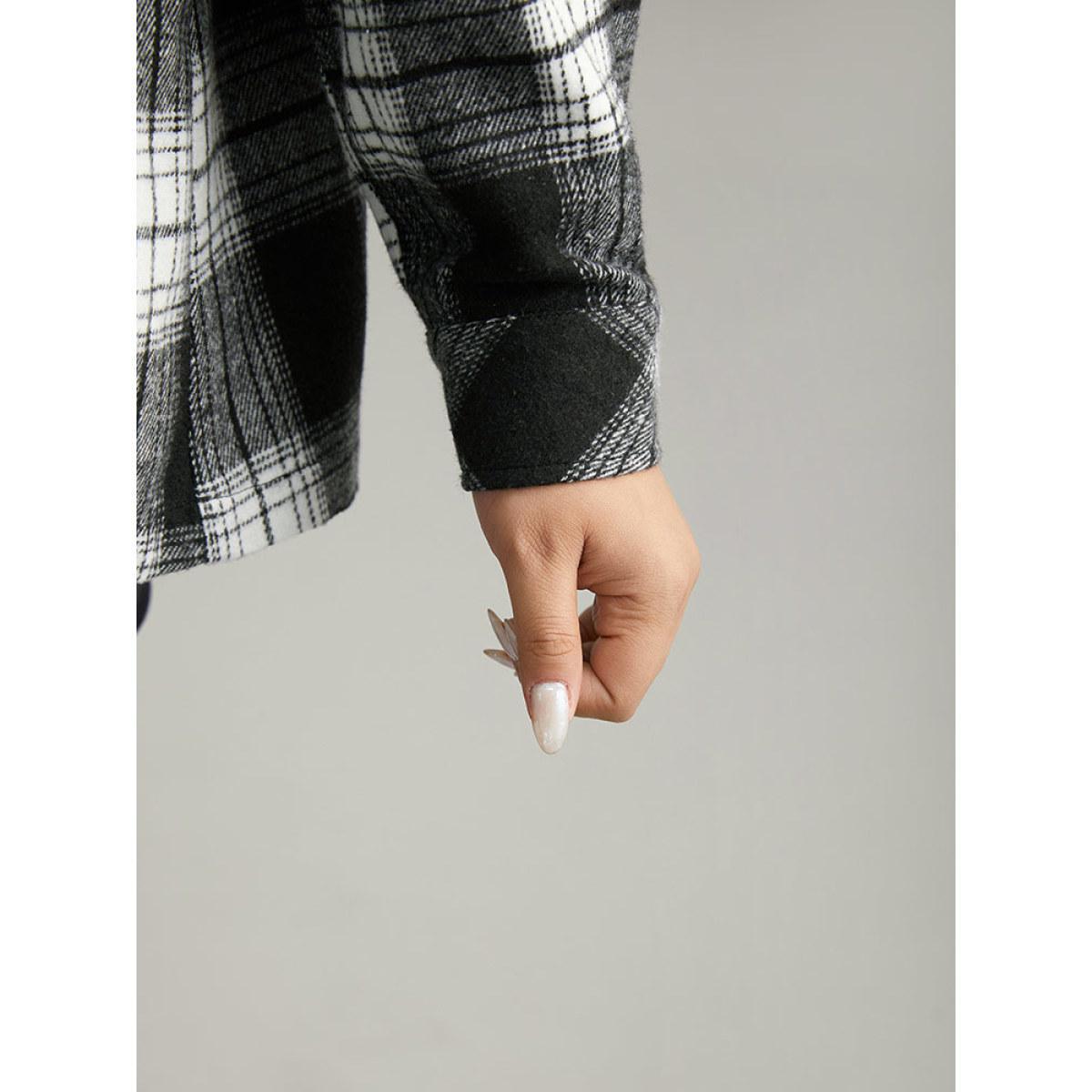 Plus Size Plaid Patchwork Patched Pocket Button Through Shacket Women Black Casual Contrast Ladies Dailywear Winter Coats BloomChic 26/4X Product Image