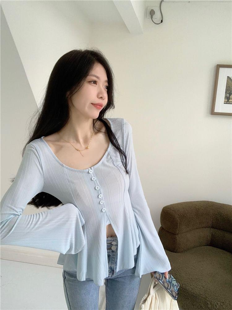 Long Sleeve Scoop Neck Plain Slit Ruffle Hem Cropped Top Product Image