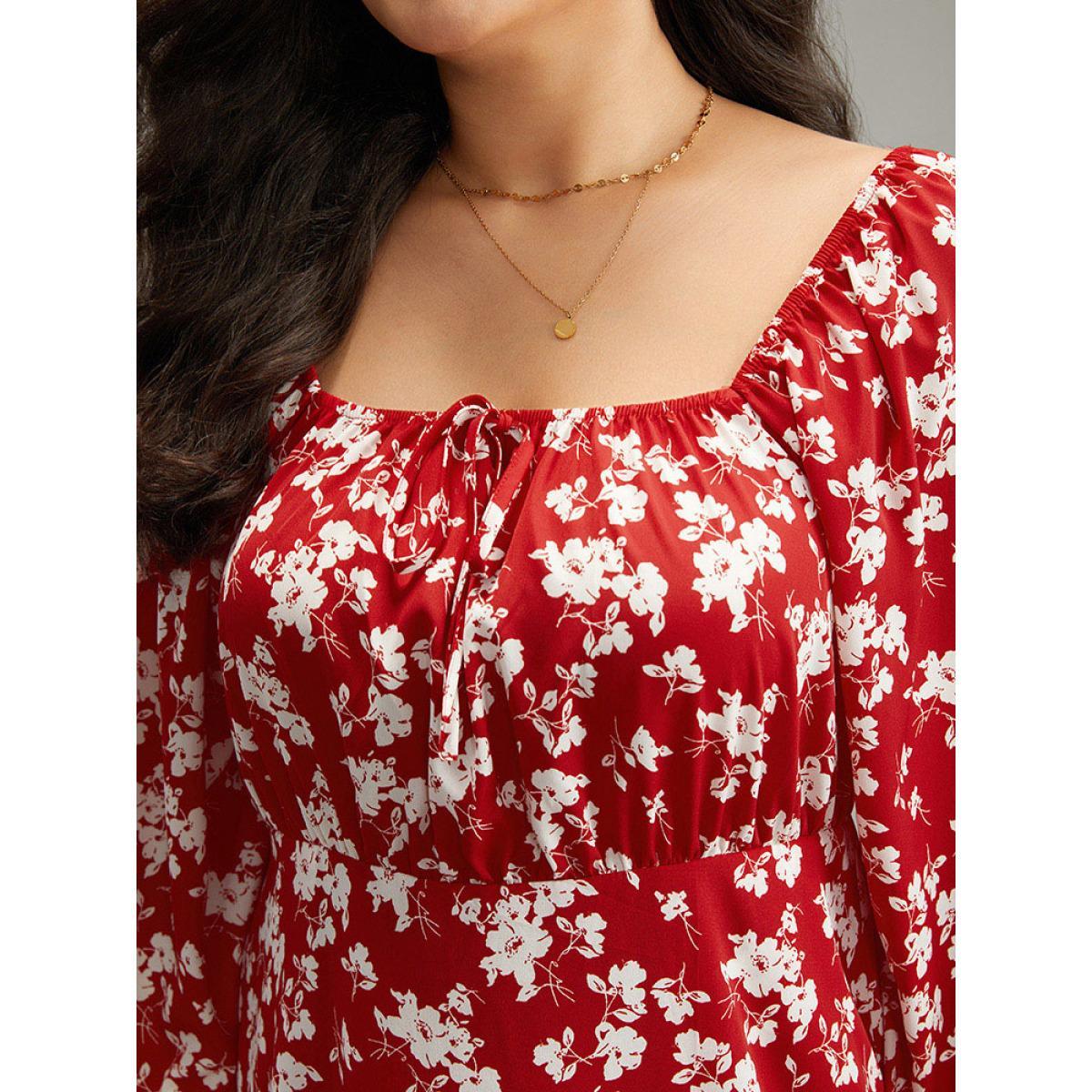 Plus Size Silhouette Floral Print Ties Lantern Sleeve Dress Crimson Women Elegant Gathered Square Neck Long Sleeve Curvy Midi Dress BloomChic 14-16/1X Product Image