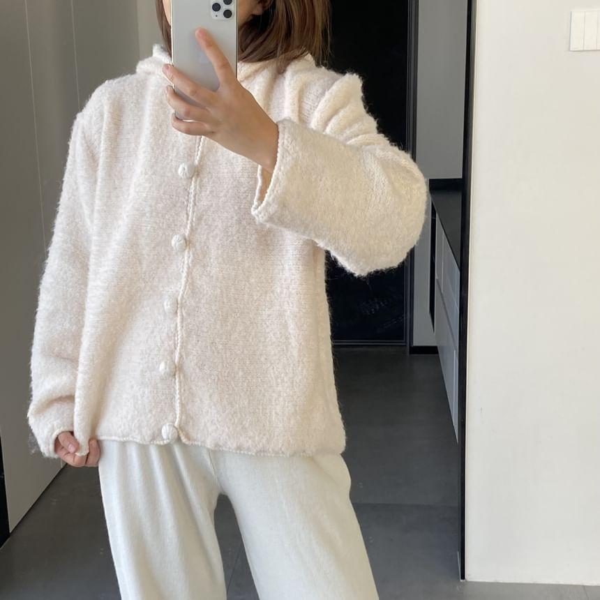 Hooded Plain Fluffy Button Cardigan Product Image