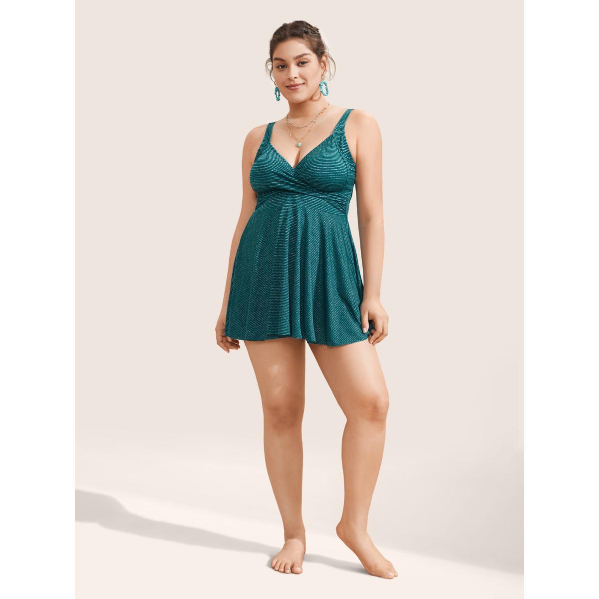 Plus Size Striped Twist Front Adjustable Straps Swim Dress Women's Swimwear Cyan Beach Bodycon V-neck High stretch Curve Swim Dresses BloomChic 10/M Product Image