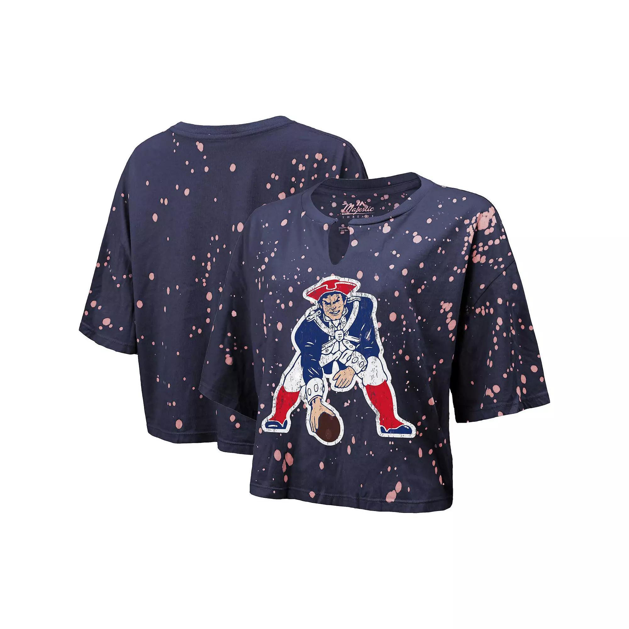 Women's Majestic Threads Navy New England Patriots Bleach Splatter Notch Neck Crop T-Shirt, Size: Medium, Blue Product Image